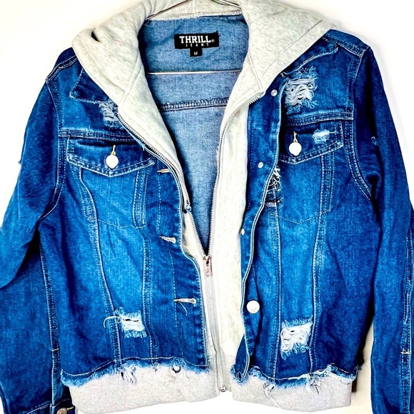 Thrill Jeans Chic Distressed Contrast Hooded Denim Jacket Pockets Size Medium - Picture 3 of 8